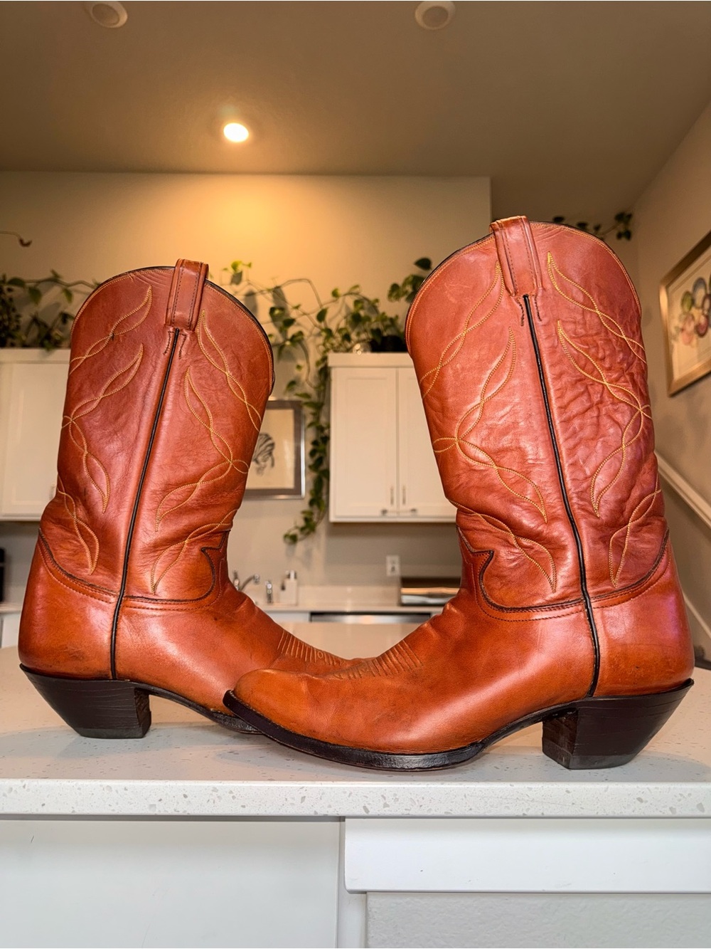 Vintage 1970s Tony Lama Men's Western Boots in Cognac Brown with Stitching